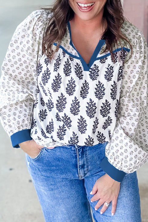 Bohemian Floral Print Patchwork Contrast Trim Puff Sleeve Blouse