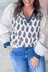 Bohemian Floral Print Patchwork Contrast Trim Puff Sleeve Blouse