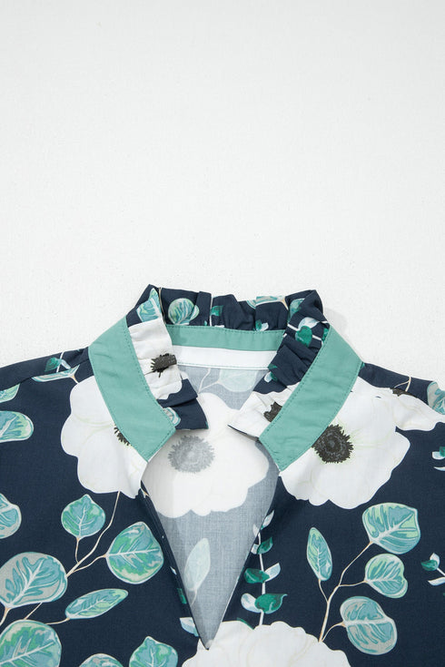 Bohemian Floral Print Patchwork Puff Sleeve V Neck Blouse