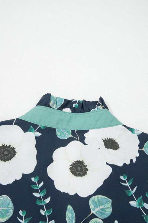 Bohemian Floral Print Patchwork Puff Sleeve V Neck Blouse