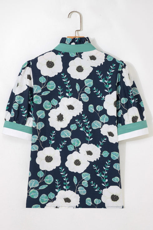 Bohemian Floral Print Patchwork Puff Sleeve V Neck Blouse