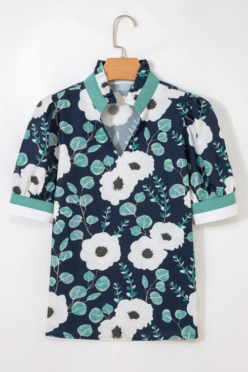 Bohemian Floral Print Patchwork Puff Sleeve V Neck Blouse