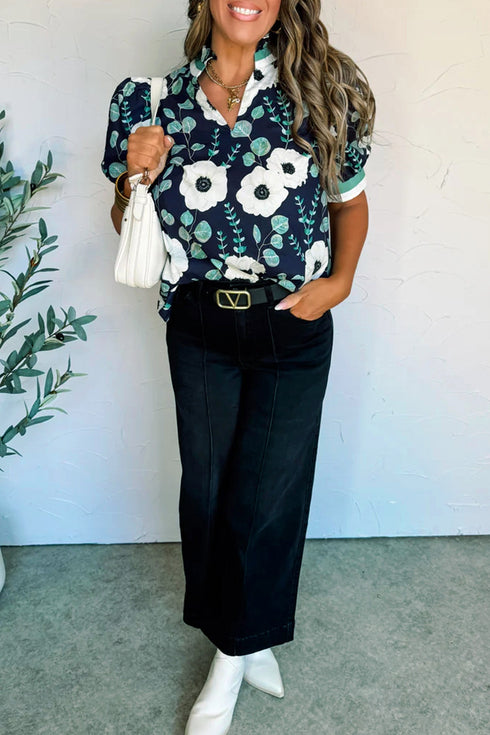 Bohemian Floral Print Patchwork Puff Sleeve V Neck Blouse