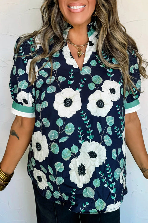 Bohemian Floral Print Patchwork Puff Sleeve V Neck Blouse
