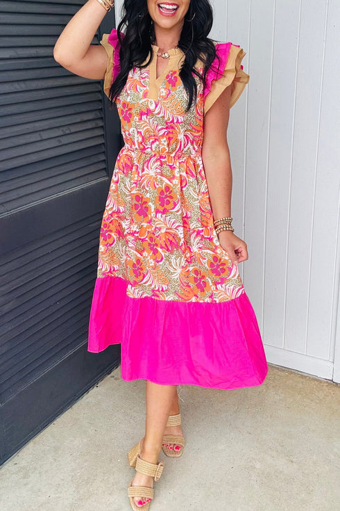 Bohemian Floral Print Patchwork Ruffled Short Sleeve Midi Dress