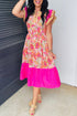 Bohemian Floral Print Patchwork Ruffled Short Sleeve Midi Dress