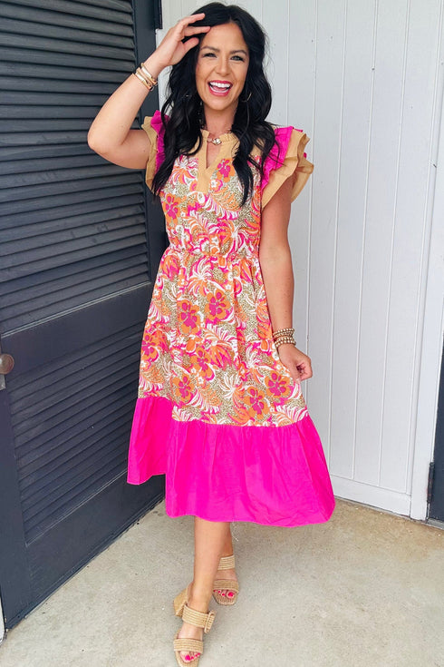 Bohemian Floral Print Patchwork Ruffled Short Sleeve Midi Dress