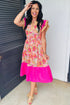 Bohemian Floral Print Patchwork Ruffled Short Sleeve Midi Dress