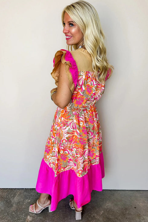 Bohemian Floral Print Patchwork Ruffled Short Sleeve Midi Dress