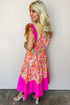 Bohemian Floral Print Patchwork Ruffled Short Sleeve Midi Dress