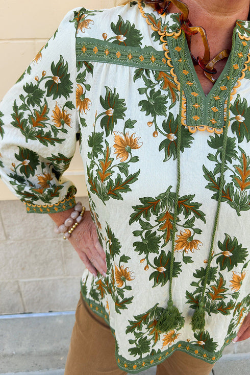 Bohemian Floral Print Patchwork Tassel Tie Blouse
