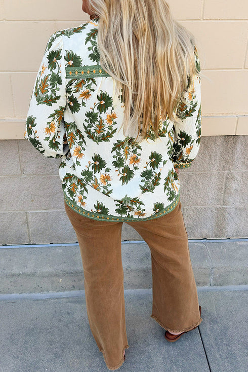 Bohemian Floral Print Patchwork Tassel Tie Blouse