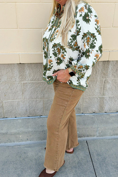 Bohemian Floral Print Patchwork Tassel Tie Blouse