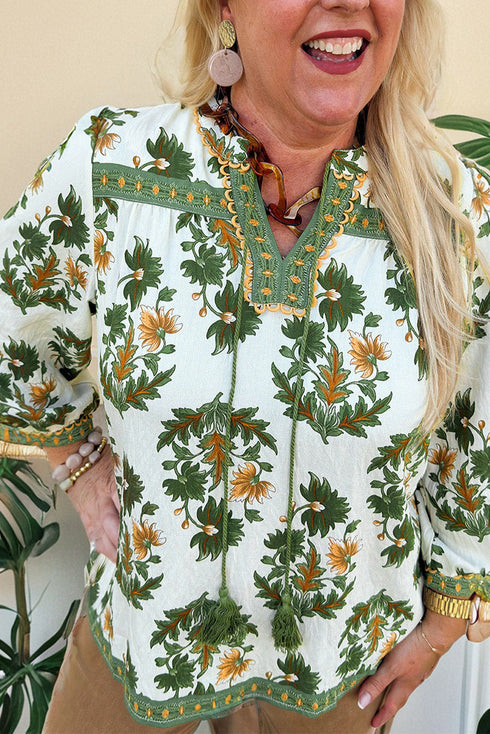 Bohemian Floral Print Patchwork Tassel Tie Blouse