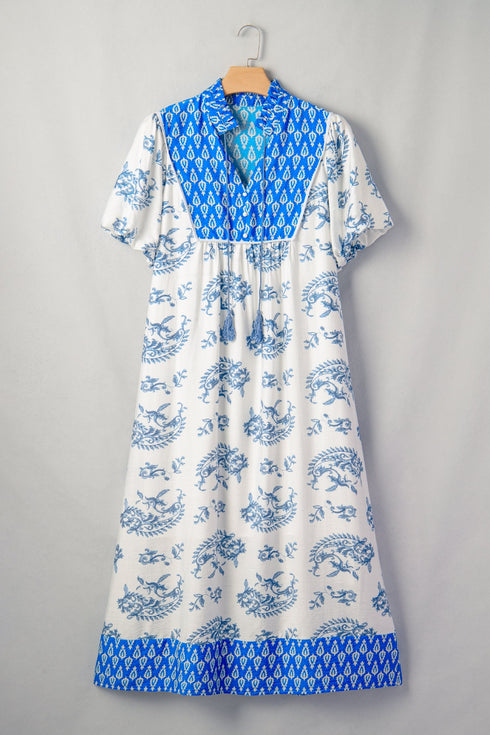 Bohemian Floral Print Patchwork V Neck Loose Midi Dress
