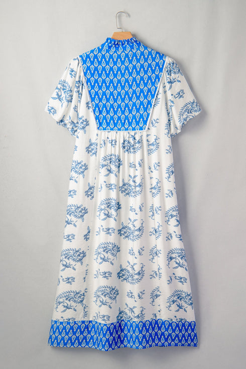 Bohemian Floral Print Patchwork V Neck Loose Midi Dress