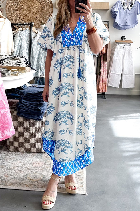 Bohemian Floral Print Patchwork V Neck Loose Midi Dress