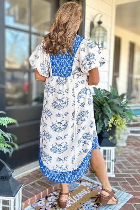 Bohemian Floral Print Patchwork V Neck Loose Midi Dress