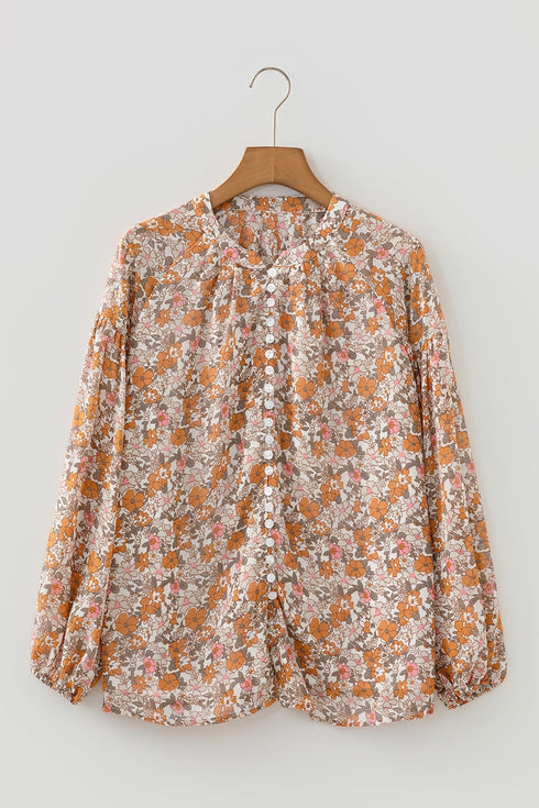 Bohemian Floral Print Puff Sleeve Button Front Collared Shirt