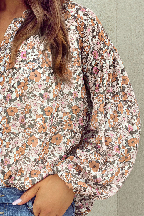 Bohemian Floral Print Puff Sleeve Button Front Collared Shirt