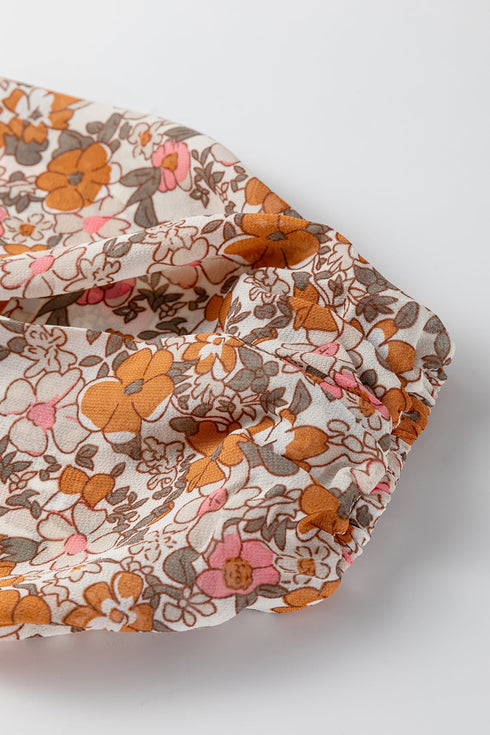 Bohemian Floral Print Puff Sleeve Button Front Collared Shirt