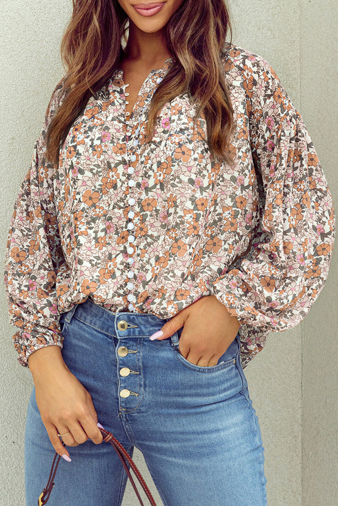 Bohemian Floral Print Puff Sleeve Button Front Collared Shirt