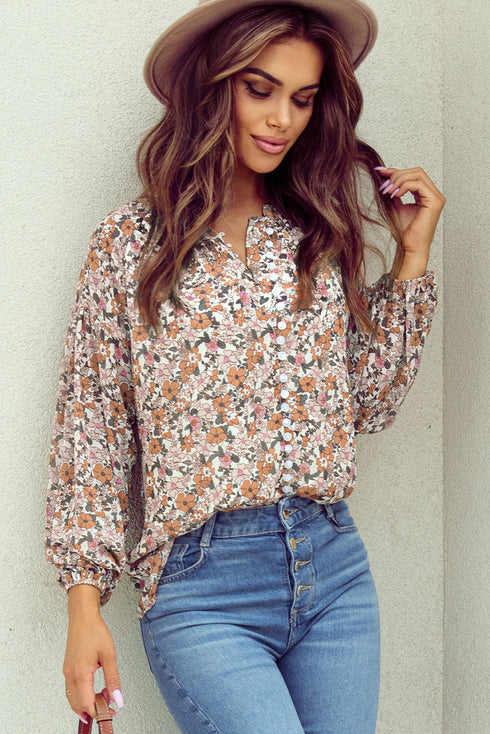 Bohemian Floral Print Puff Sleeve Button Front Collared Shirt