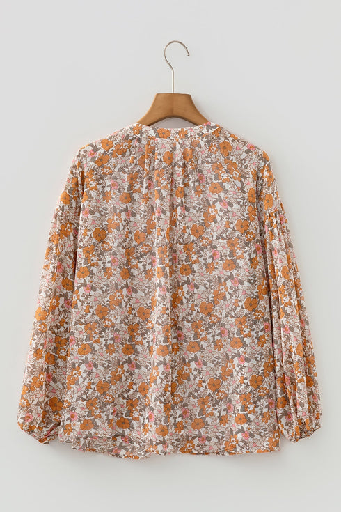 Bohemian Floral Print Puff Sleeve Button Front Collared Shirt