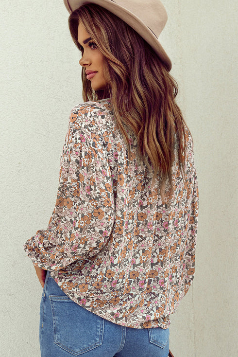Bohemian Floral Print Puff Sleeve Button Front Collared Shirt