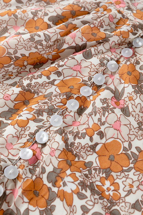 Bohemian Floral Print Puff Sleeve Button Front Collared Shirt