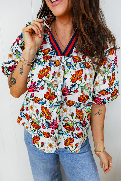 Bohemian Floral Print Puff Sleeve Cotton Blend Blouse