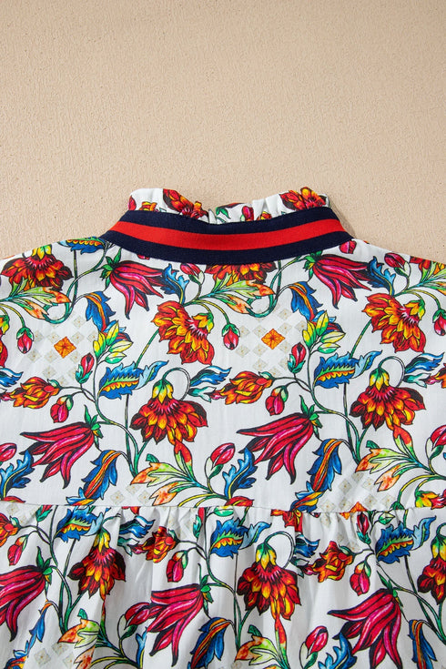 Bohemian Floral Print Puff Sleeve Cotton Blend Blouse