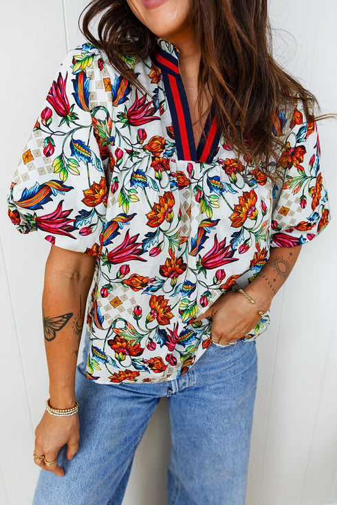 Bohemian Floral Print Puff Sleeve Cotton Blend Blouse