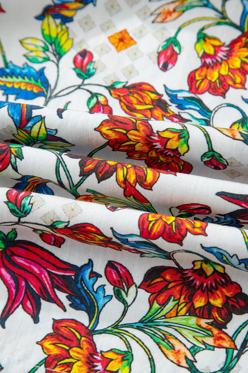 Bohemian Floral Print Puff Sleeve Cotton Blend Blouse