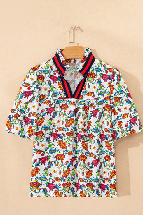 Bohemian Floral Print Puff Sleeve Cotton Blend Blouse