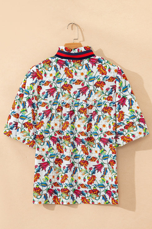 Bohemian Floral Print Puff Sleeve Cotton Blend Blouse
