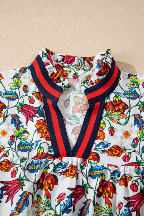 Bohemian Floral Print Puff Sleeve Cotton Blend Blouse