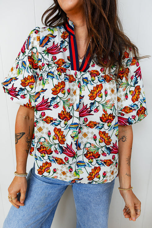Bohemian Floral Print Puff Sleeve Cotton Blend Blouse