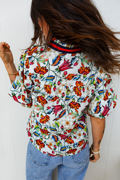 Bohemian Floral Print Puff Sleeve Cotton Blend Blouse
