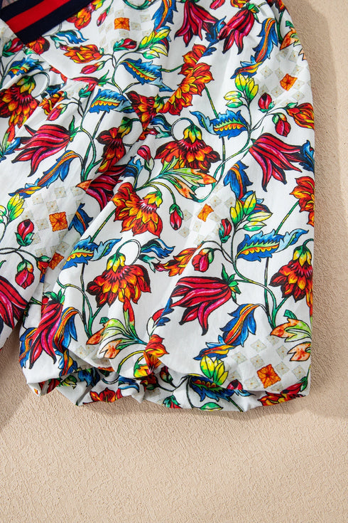 Bohemian Floral Print Puff Sleeve Cotton Blend Blouse