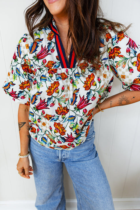 Bohemian Floral Print Puff Sleeve Cotton Blend Blouse