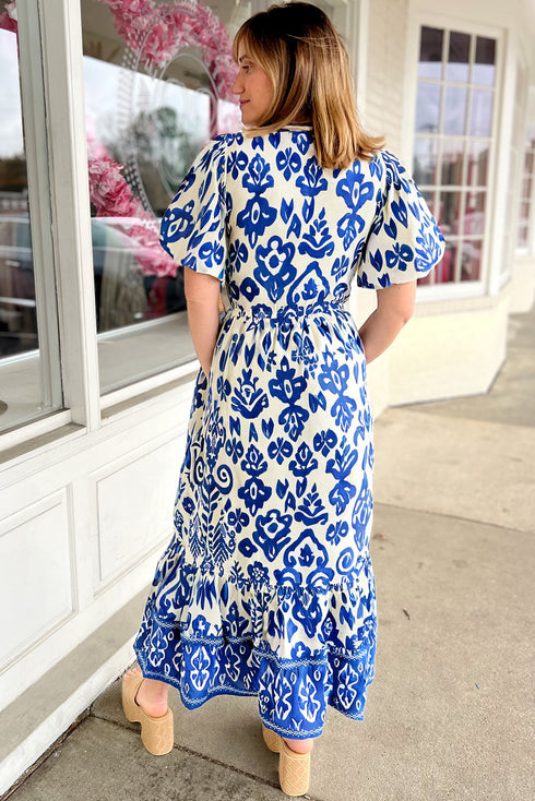 Bohemian Floral Print Puff Sleeve High Waist V Neck A-Line Maxi Dress