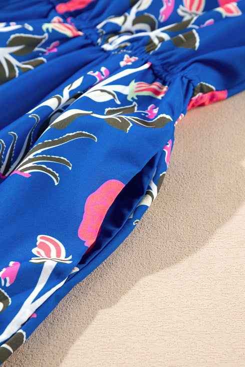 Bohemian Floral Print Puff Sleeve High Waist V Neck A-Line Maxi Dress