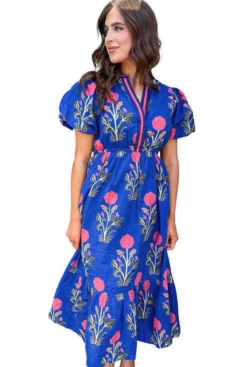 Bohemian Floral Print Puff Sleeve High Waist V Neck A-Line Maxi Dress
