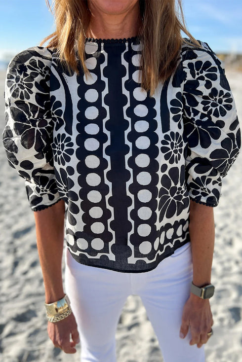 Bohemian Floral Print Puff Sleeve Woven Blouse