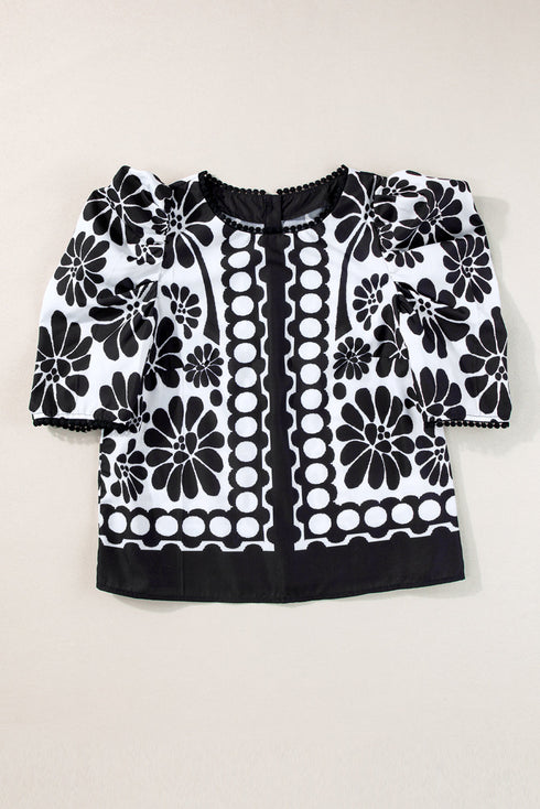 Bohemian Floral Print Puff Sleeve Woven Blouse