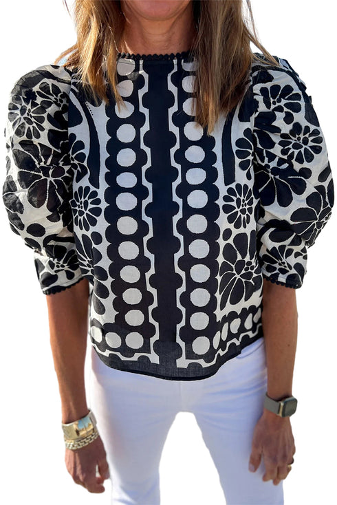 Bohemian Floral Print Puff Sleeve Woven Blouse