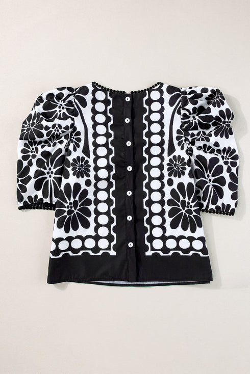 Bohemian Floral Print Puff Sleeve Woven Blouse