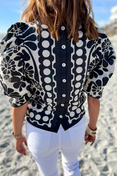 Bohemian Floral Print Puff Sleeve Woven Blouse