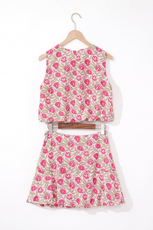 Bohemian Floral Print Puffy Cropped Mini Skirt Two Piece Dress